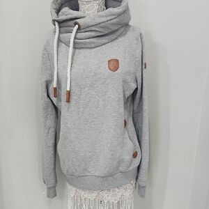 Gray Cowl Neck Hoodie with Brown Accents